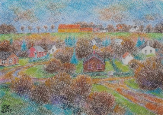 Asbjørn Hillestoft: Lille Birkholms gule lade m.m. set fra Mosekæret 11. Udsigten ca. 1960. Pastel efter hukommelsen, 2015.