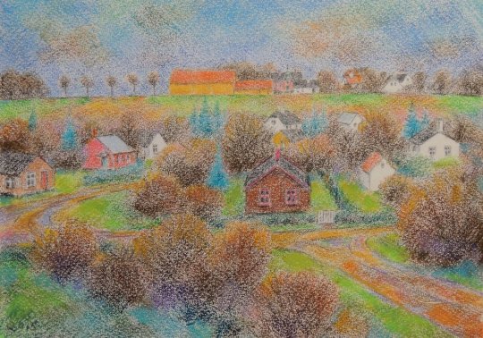 Asbjørn Hillestoft: Lille Birkholms gule lade m.m. set fra Mosekæret 11. Udsigten ca. 1960. Pastel efter hukommelsen, 2015.