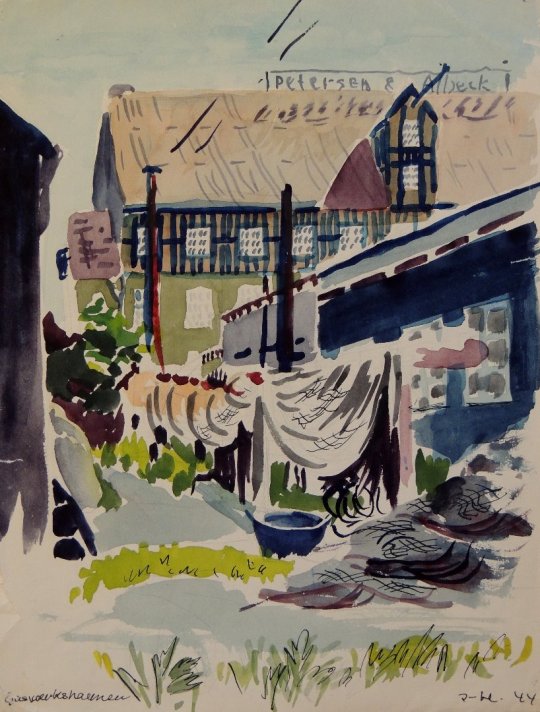 Fiskerihavnsgade 6, Gasværkshavnen. Akvarel af Inger Hillestoft, 1944.