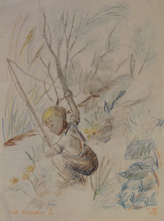 Inger Hillestoft: Ved Værebro Å. Pasteltegning, 1959.